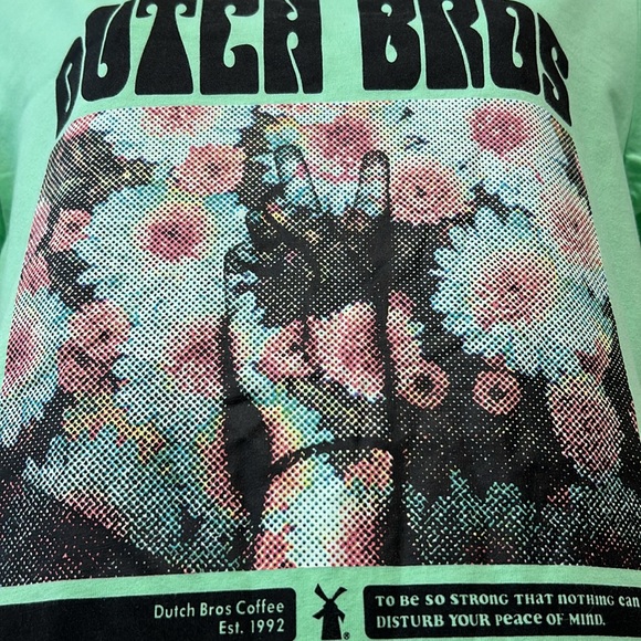 Dutch Bros short sleeve cotton T-shirt,size Small. Floral Peace Top color green - Picture 4 of 6